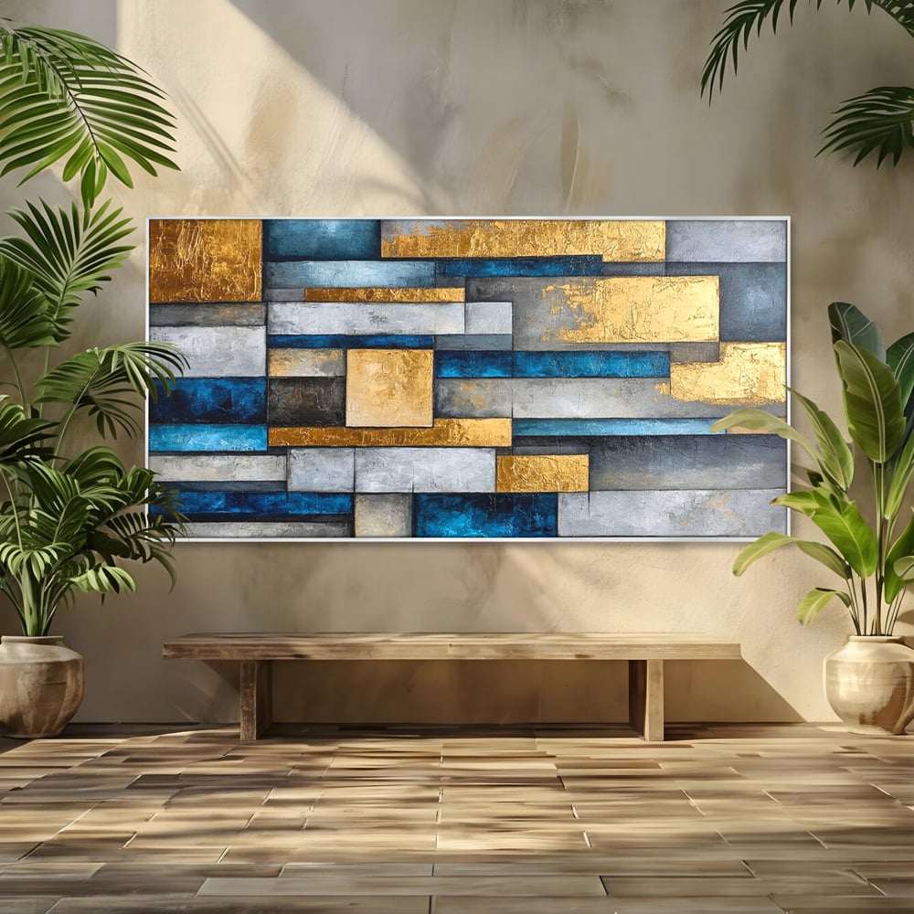 Tablou canvas cu pictura abstracta cu forme geometrice aurii, in rama de aluminiu argintiu